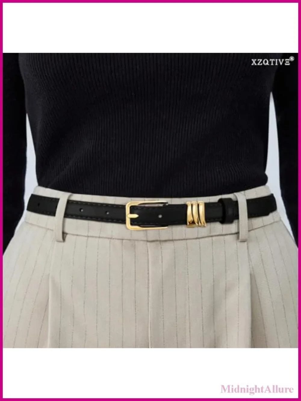 Women's Skinny PU Leather Belt Thin Waist Gold Buckle Metal Loops